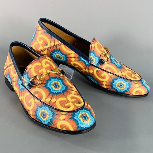 GUCCI Size 7 Orange Blue Coated Canvas Leather GG Print Horsebit Loafers Flats - Picture 1 of 9